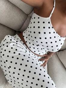Women's Polka Dot Minimalist Camisole Tank Top And Drawstring Waist Loose Sweatpants Set - White Background With Black Polka Dots - View 7