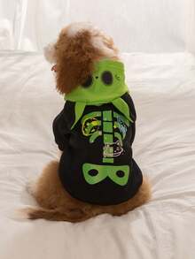 LUCKIE PAL 1pc Halloween Cartoon Pet Hooded Sweatshirt Space Skeleton Rib Planet Rocket Cat Print Spring Autumn Thin Breathable Dog Clothes Suitable For Small And Large Dogs And Cats Indoor And Outdoor - Black - View 6