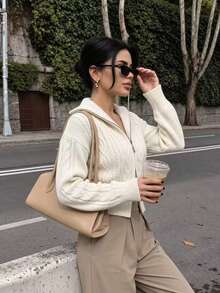 Autumn/Winter New Vintage Oversized Lapel Double Zipper Cable Knit Cardigan, Loose Drop Shoulder Casual Short Commuter Sweater - Apricot - View 3