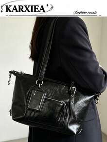 Distressed Glossy Black Oil Wax Leather Boston Large Capacity Bag, Vintage Cracked Texture With Adjustable Silver Buckle Shoulder Strap, Built-In Transparent Card Slot And Multiple Compartments, Suitable For Commuting, Laptop, Street Wear And Miscellaneous Items, Cool Practical And Versatile - Black - View 5