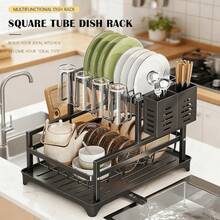 1pc Large Capacity Single-Tier Dish Drying Rack With Compact Utensil Holder And Drainage Spout, Suitable For Kitchen Countertop, Kitchen Storage And Organization Accessory - Black - View 2