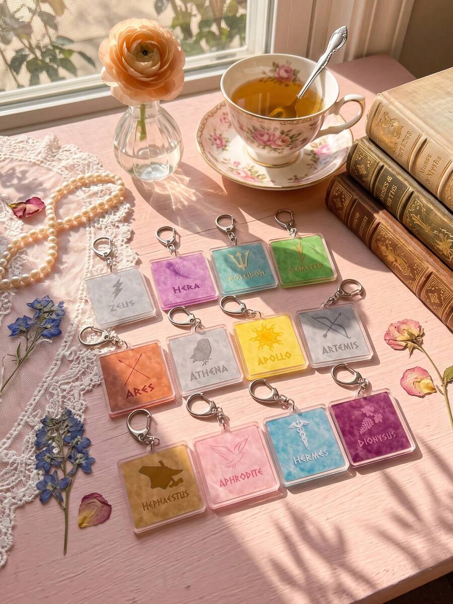 1Pc/12Pcs Greek Mythology Twelve Main Gods Theme Square Acrylic Keychains, Including Zeus, Hera, Ares, Athena, Apollo, Artemis, Hephaestus, Aphrodite, And Dionysus Mythological Symbol Design, Fashion Bag Pendant, Suitable For Mythology Fans Gift, Classic Collection, All Season Use - Multicolor - View 1
