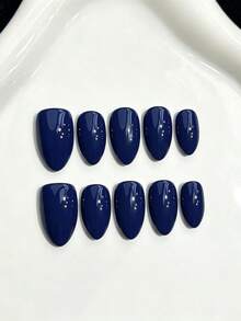 10Pcs Handmade Short Almond Nail Tips, Suitable For Party & Daily Wear. Glossy Solid Dark Blue Press On Nails, Simple Versatile Fake Nails For Autumn & Winter - Navy Blue - View 9