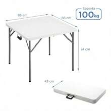 Mesa Cuadrada Plegable de 86 cm, Mesa Portátil y Resistente para Interior y Exterior, Ideal para Jardín, Terraza, Camping y Reuniones - Blanco - Ver 7