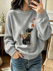 Women's Plus-Size Fashionable Casual Crew Neck Sweatshirt, Cute Black Labrador Retriever Maple Leaf Graphic Print, Women's Top For Autumn And Winter. - Grey - View 3