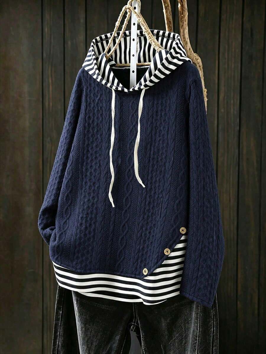Women's Plus Size Hooded Sweatshirt, Striped Hem, Drawstring Design, Regular Length Quilted Pullover, Long Sleeve Casual Top, Suitable For Autumn Wear - Navy Blue - View 1