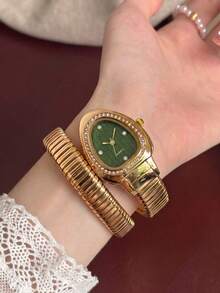Luxury Gold Snake-Shaped Water Drop Quartz Women's Watch, Green Dial With Rhinestones, Elastic Strap Bracelet Watch, Birthday Gift For Mom - Green - View 2