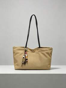 Relaxed Khaki Canvas Shoulder Tote Bag For Women, Minimalist Snap Button Design, Large Capacity, Artistic Beaded Pendant Commuter Underarm Bag - Khaki - View 1
