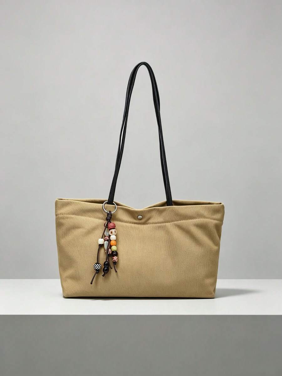 Relaxed Khaki Canvas Shoulder Tote Bag For Women, Minimalist Snap Button Design, Large Capacity, Artistic Beaded Pendant Commuter Underarm Bag - Khaki - View 1
