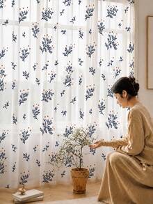 2PCS Blue Leaf Sprig Print High Density Mesh Curtains, Light Filtering Rod Pocket Window Panels - Multicolor - View 7