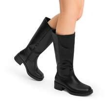 Women's Knee-High Boots, Comfortable Chunky Block Heel Pointed Toe Pull On Side Zipper Suede Slouch Riding Boots - Black - View 11