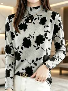Vintage Lazy Casual American Style Personalized Print Autumn/Winter New High-End Ice Silk Slimming Semi-High Neck Long Sleeve T-Shirt - Dark Grey - View 3