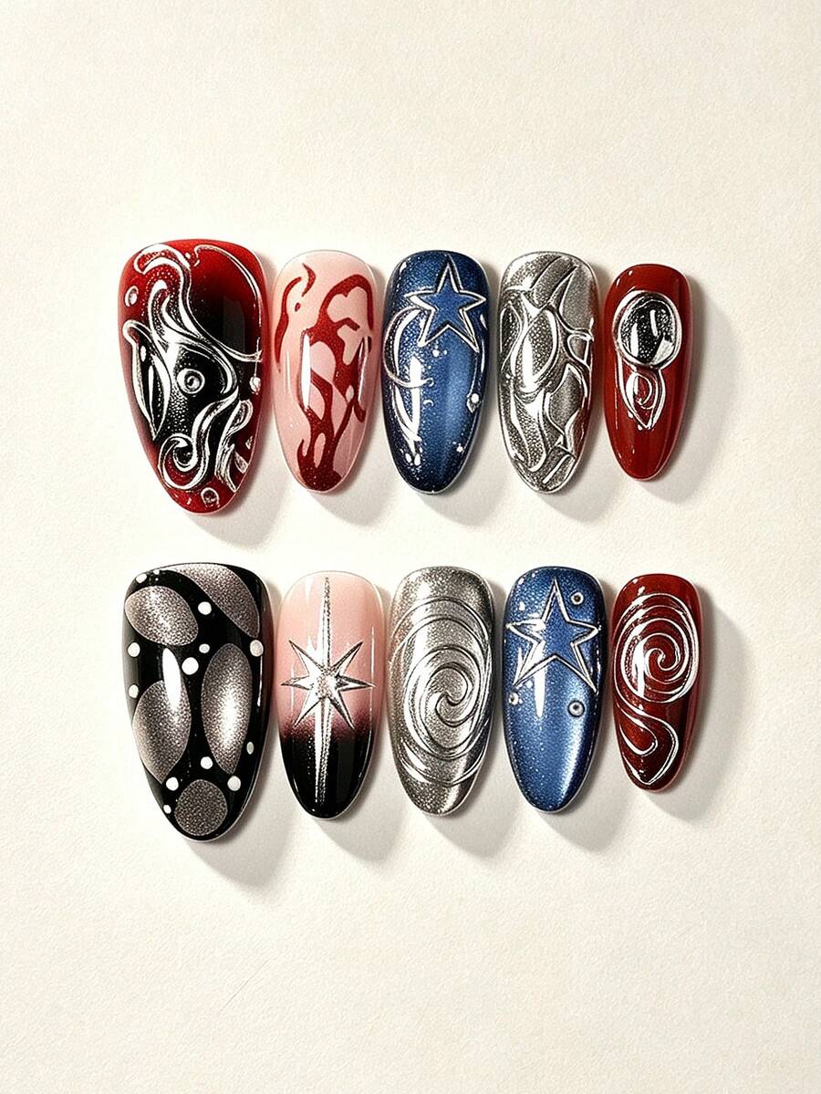 Great Wearing Experience,10Pcs Medium Almond Press-On Nails Kit,Retro Y2K Style,Star Swirl Abstract Line Print,Metallic Silver Texture,Reusable,With Jelly Glue & Nail File,Suitable For Women Autumn Winter Daily & Party Wear - Multicolor - View 1