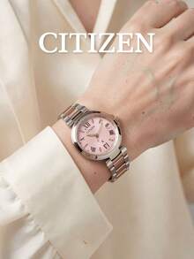 Jam Tangan CITIZEN Drive Wanita, Dua Warna, Emas Mawar, Perak, Gelang Baja, Dial Merah Muda, Angka Romawi, Waktu Dunia, Tanggal, untuk Pemakaian Sehari-hari - Berwarna merah muda - View 3