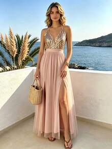 Joyfunear Sequin Bodice Backless Mesh Cami Prom Dress Summer Vacation Party Elegant - Champagne - View 2