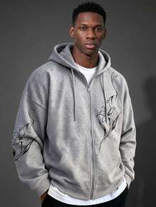 Camvyn Men's Spring/Autumn Casual Versatile Minimalist Floral Pattern Loose Drop Shoulder Zip-Up Hooded Sweatshirt - Grey - View 1
