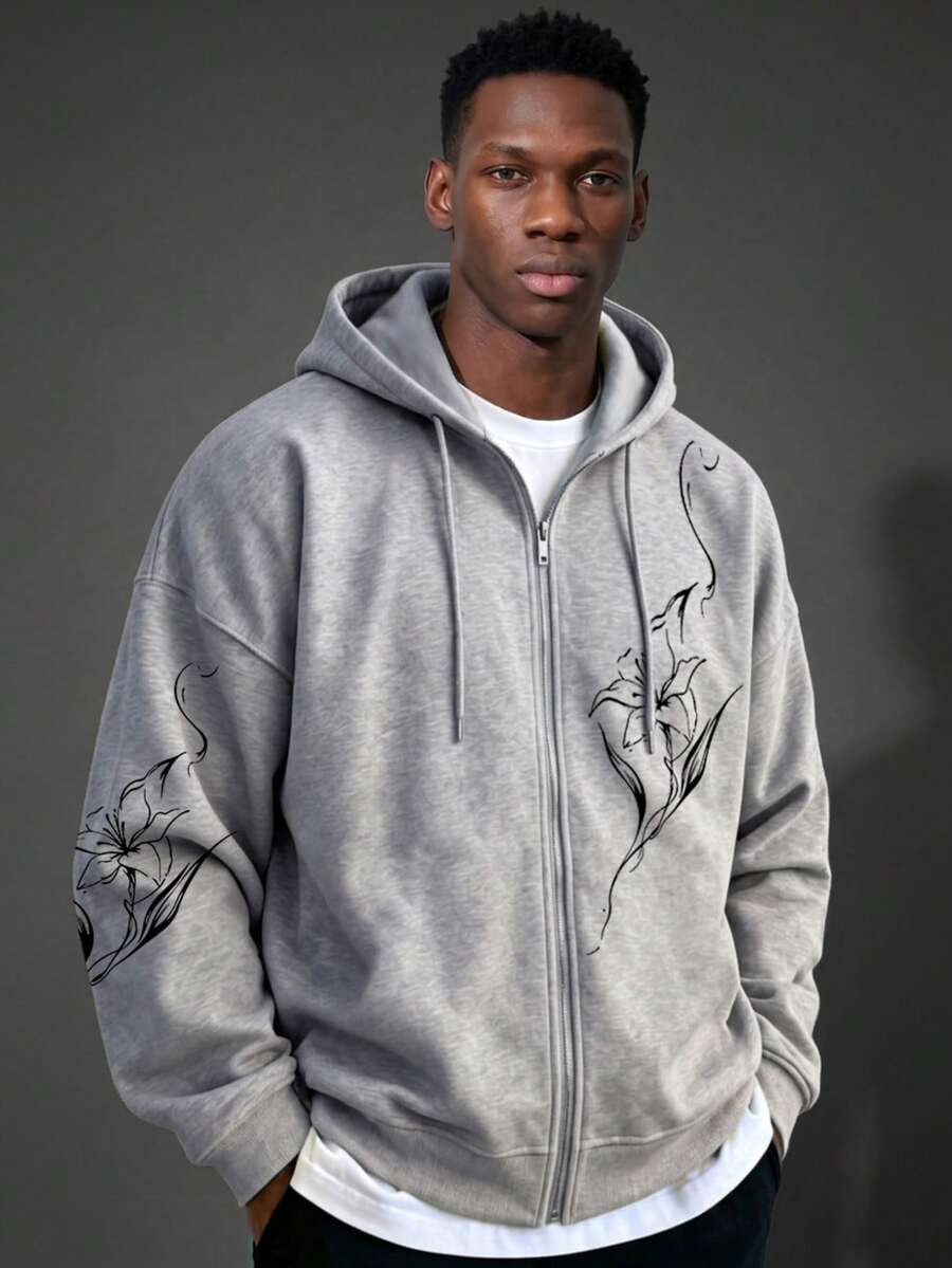 Camvyn Men's Spring/Autumn Casual Versatile Minimalist Floral Pattern Loose Drop Shoulder Zip-Up Hooded Sweatshirt - Grey - View 1