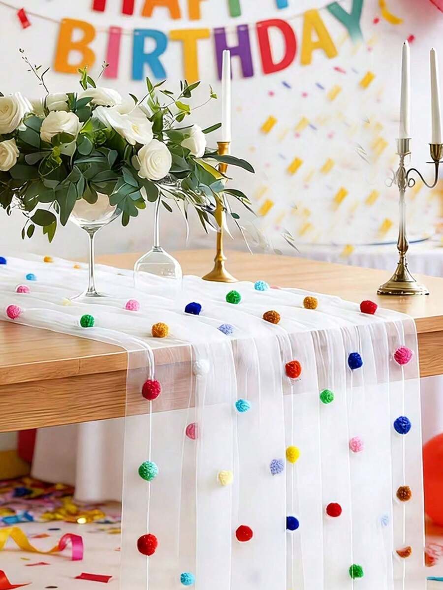 2pcs/1pc Taplak Meja Jala Pom Pom Warna-warni 3D - Taplak meja ini sangat cocok untuk pengaturan meja pesta liburan, dekorasi dalam ruangan, latar belakang foto, dan penataan gaya busana. Cocok untuk upacara pernikahan, pesta ulang tahun, dan pesta bertema lainnya. - Satu ukuran cocok untuk semua. - View 1