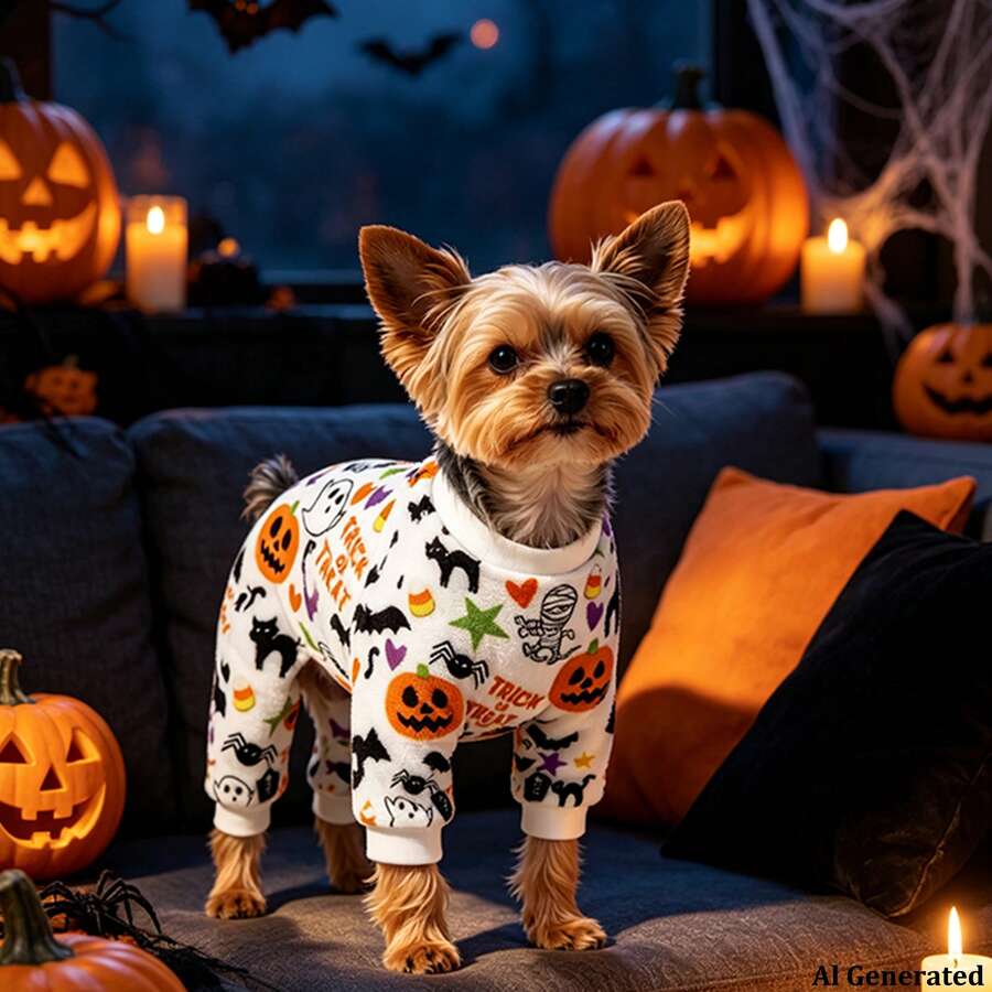 Opjoys 1pc Halloween Pumpkin & Ghost Print Dog , Soft Cute Healing Style Skin-Friendly Knitted Four-Legged Fit Round Neck Ribbed Cuff Warm Belly Protection Anti-Shedding Pet Home Wear Spring Autumn Daily - White - View 1