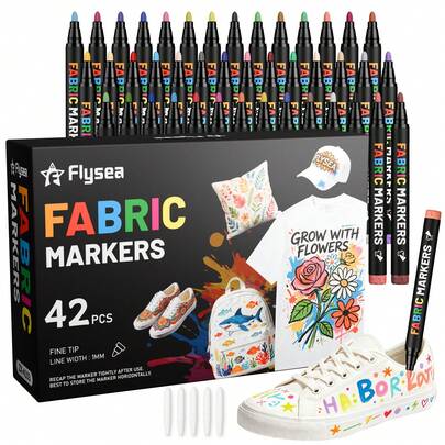 FLYSEA Brand 14/28/42 Colors Fabric Painting Pens, Waterproof Non-Fading Graffiti Pens, Fabric Pens, Hand-Painted DIY Painting T-Shirt Shoes Paint Markers, Colored Pens, Fabric Textile Pens, Shoes DIY Creative Painting Graffiti, Waterproof Non-Fading Non-Smudging Marker Pens