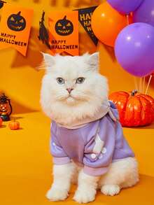 LUCKIE PAL 1pc Halloween Cartoon Pet Hooded Sweatshirt, Space Skeleton Ribs Planet Rocket Cat Print, Thin Breathable Spring Autumn Dog Clothes, Suitable For Small And Large Dogs And Cats, Indoor And Outdoor - Purple - View 5
