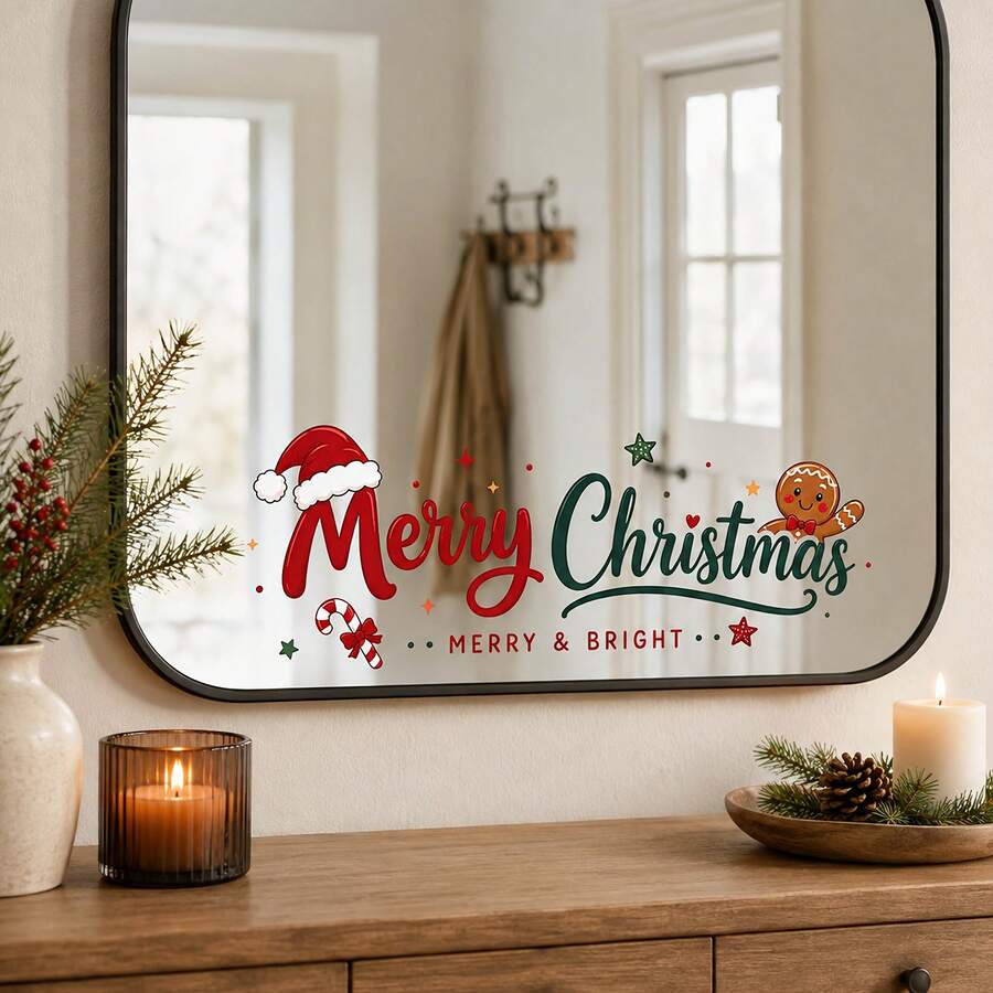 1pc 18.9X7.09 Inch Merry Christmas Mirror Wall Decal, Santa Hat, Gingerbread Man, Candy Cane, Stars, Merry Christmas Letters, Self-Adhesive Vinyl Sticker, Suitable For Mirror Glass Home Holiday Decoration - Multicolor - View 1