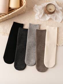 5 Pasang Kaos Kaki Wol Hangat Wanita, Kaos Kaki Panjang Setengah Betis Warna Polos, Kaos Kaki Termal Lembut yang Menyerap Keringat untuk Pemakaian Sehari-hari di Musim Gugur dan Musim Dingin - MultiWarna - View 2
