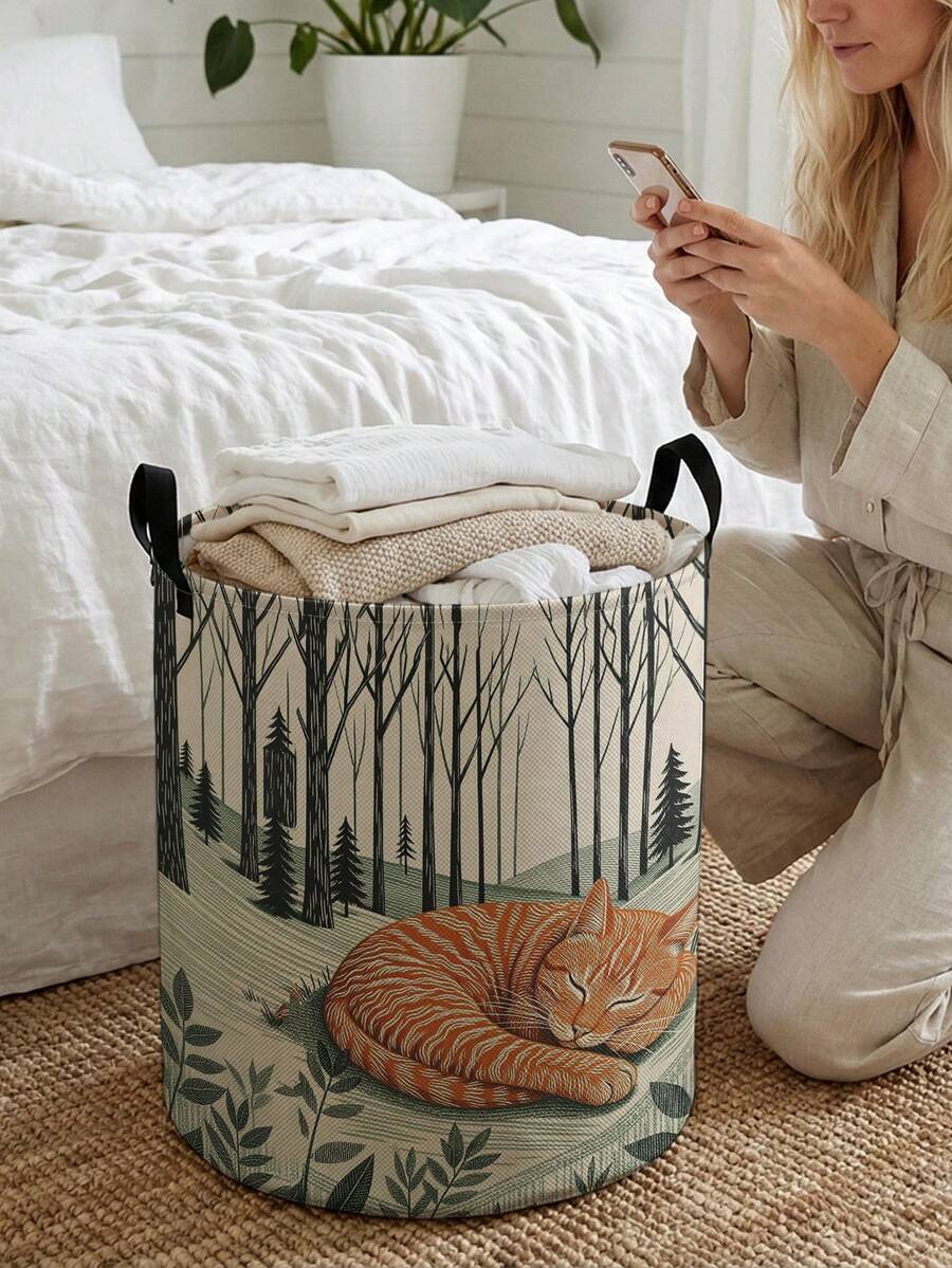 1pc Storage Basket, Laundry Basket, Washing Basket, Storage Bin, Cat Print Design, Handle Storage Basket, Foldable Multi-Purpose Storage Box, Suitable For Clothing, Jewelry, Toys And Other Daily Storage - Multicolor - View 1