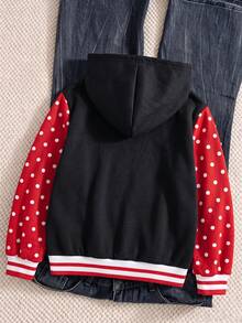 Jaket Baseball Berkerudung Gaya American Sweet Cool untuk Anak Perempuan, Musim Gugur/Dingin, dengan Lengan Patchwork Polka Dot Warna Blok dan Bordir Huruf - Hitam - View 5