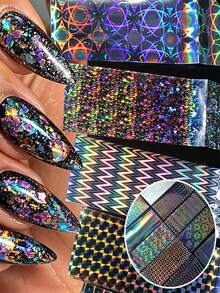 10Pcs Autumn Holographic Laser Nail Transfer Foil Set,Rainbow Iridescent Geometric Checker Wave Circle Pattern Nail Art Stickers,Shiny Starry Sky Sliders,DIY Manicure Decals For Party Holiday Nail Gel Decoration - Multicolor - View 1