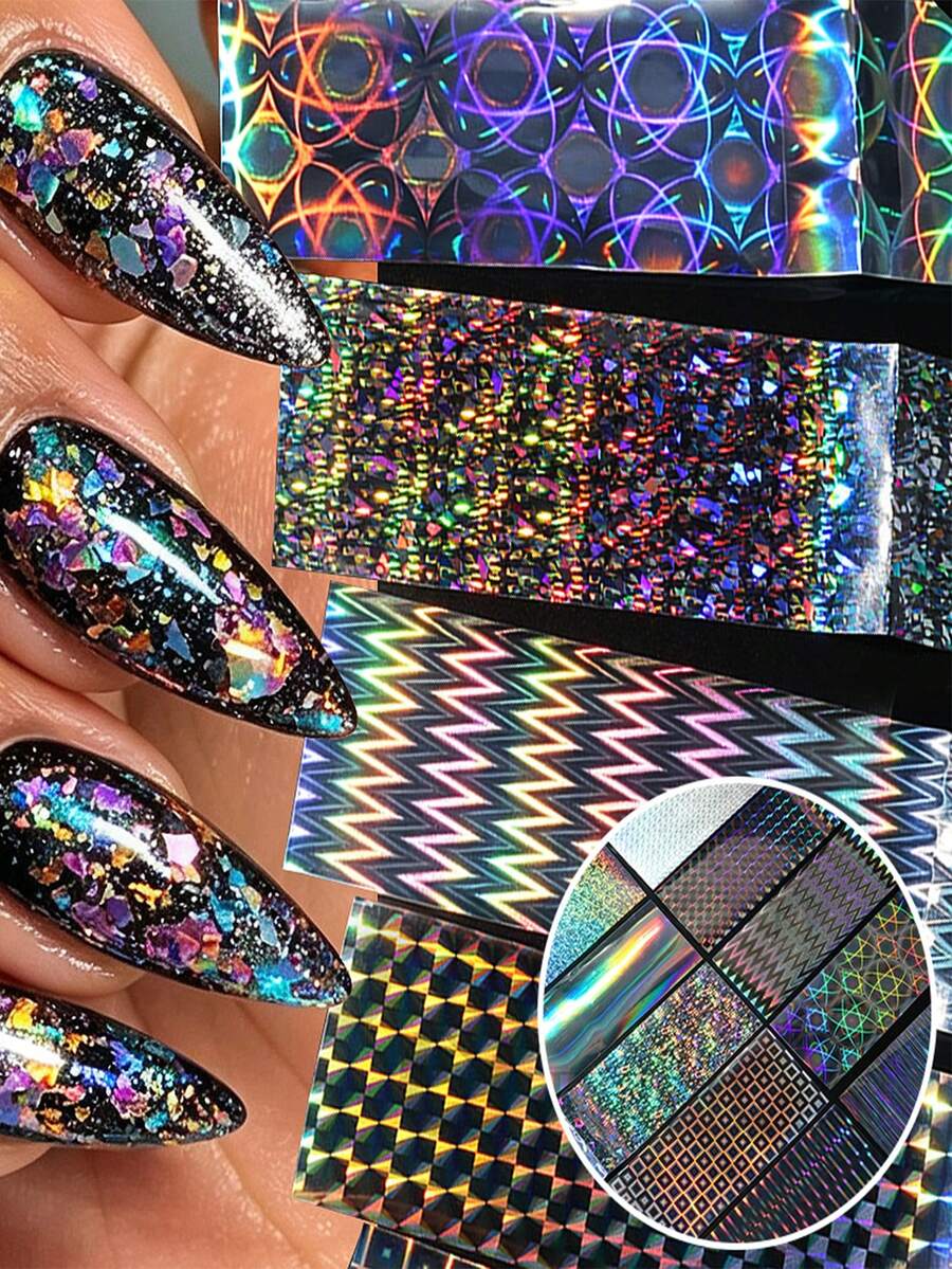 10Pcs Autumn Holographic Laser Nail Transfer Foil Set,Rainbow Iridescent Geometric Checker Wave Circle Pattern Nail Art Stickers,Shiny Starry Sky Sliders,DIY Manicure Decals For Party Holiday Nail Gel Decoration - Multicolor - View 1