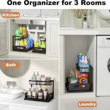 1 Set Under Sink Storage Rack, L-Shaped Pull-Out Cabinet Organizer, 2-Tier Metal Slide-Out Shelf For Kitchen, Bathroom, Laundry Room And Deep Cabinets, Black - Multicolor - View 2