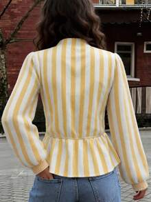 Cardigan Lengan Panjang Bergaris Kasual untuk Musim Gugur/Dingin, Desain Blok Warna, Penutup Kancing, Hem Berlipit, Elegan untuk Wanita - MultiWarna - View 6