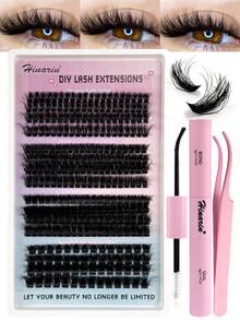 292PCS Fluffy Lash Clusters Kit 60D+80D+100D+120D Clusters Eyelash Extensions 10-16mm DIY Cluster Lashes Wispy With Bond And Seal Lash Glue And Eyelash Extension Tweezers Makeup Essentials Lash Tech Supplies - Black - View 10