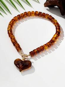 2件組時尚串珠愛心項鍊與手鍊套組，適合女性日常穿戴、派對、禮物 - 棕色 - 查看 2