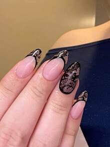 24pcs Medium-Long Almond Shape Press-On Nails, Nude Pink Base With Black French Tips, Vintage Black Lace Mesh Print Design, Mature Sexy Style Finished Fake Nails, Removable Nail Stickers, Suitable For Women's Dates, Parties, Photoshoots, Comes With Nail Adhesive Tools, Elegant Atmosphere, Enhances Nail Shape And Makes Hands Look Slender, Free Tools, Self-Adhesive, Autumn/Winter Christmas Style - Multicolor - View 1