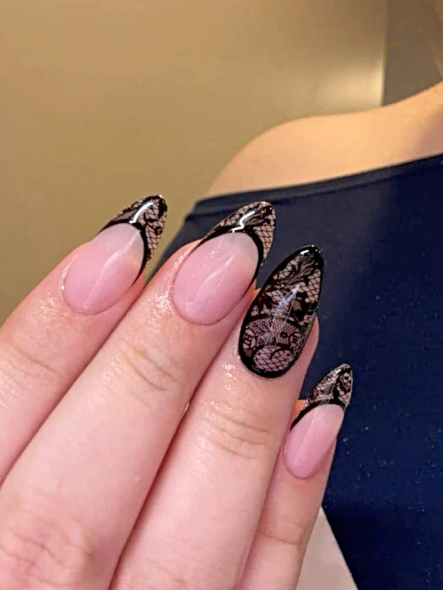24pcs Medium-Long Almond Shape Press-On Nails, Nude Pink Base With Black French Tips, Vintage Black Lace Mesh Print Design, Mature Sexy Style Finished Fake Nails, Removable Nail Stickers, Suitable For Women's Dates, Parties, Photoshoots, Comes With Nail Adhesive Tools, Elegant Atmosphere, Enhances Nail Shape And Makes Hands Look Slender, Free Tools, Self-Adhesive, Autumn/Winter Christmas Style - Multicolor - View 1