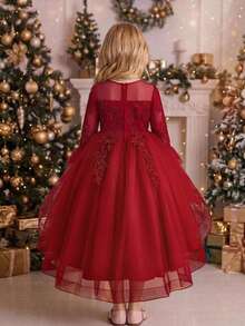 Young Girls Long Sleeve Sequin Applique Mesh Elegant White Tail Princess Dress, Suitable For Flower Girl, Wedding, Graduation Ball, Piano Recital And Other Formal Occasions, Headband Not Included - Burgundy - View 1