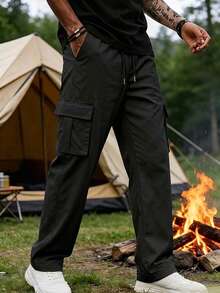 Men's Long Sports Cargo Pants, Elastic Drawstring Waist, Built-In Multi-Pocket Design, Outdoor Hiking Black - Black - View 4