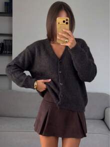 Áo khoác cardigan len lông xù nữ cổ chữ V, cài nút trước, một hàng cúc, tay dài, dáng rộng thoải mái, phong cách đường phố, ấm áp, độ dài vừa, cho mùa thu/đông - màu nâu - Xem 7