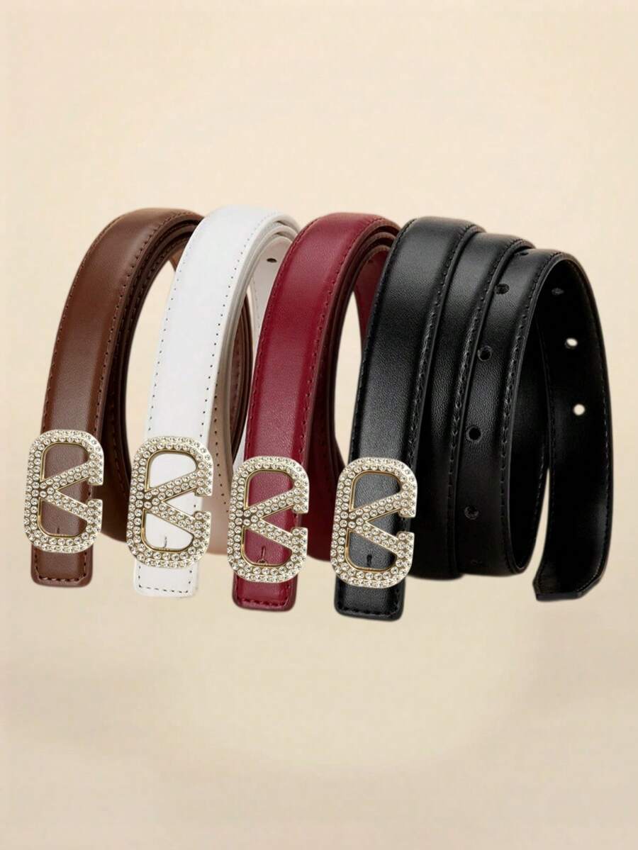 Women Adjustable PU Belt Smooth Solid Band Bling Rhinestone Geometric V Metal Pin Buckle Waist Belt For Daily Wear - Multicolor - View 1
