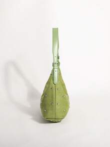 1pc Green Premium Fashion Suede Texture Crescent Bag, Double-Sided Rivet Decor, Underarm Bag, Suitable For Daily Commute, Shopping, Dating - Green - View 5