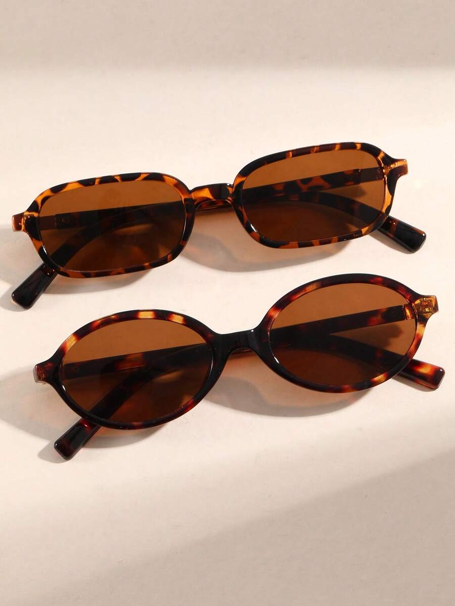 2 Pairs Women's Vintage PC Fashion Glasses Set, Street Style Personalized Design Suitable For Outdoor Beach Vacation And Street Photography - 2 Pieces (Tofu Tea + Leopard Print Tea) - View 1