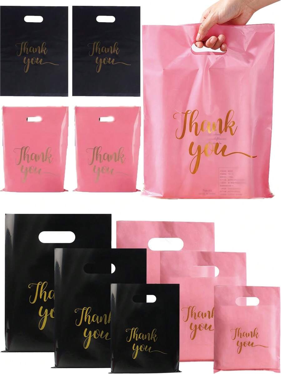 100 Pcs Black White Pink Thank You Gift Bags Birthday Party Wedding Portable Gift Packaging Plastic Bags With Handles For Party, Birthday, Wedding And Other Occasions. - Multiple Styles - View 1