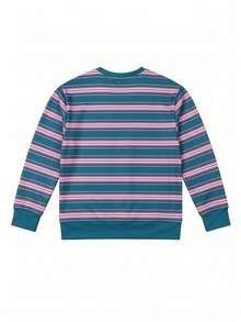 1pc Girl's Dark Green Pink White Thin Striped Round Neck Tween Girl Sweatshirt, Vintage Gentle Color Block Loose Fit Unisex Children's Spring Autumn Basic Casual Long Sleeve Top - Green - View 4