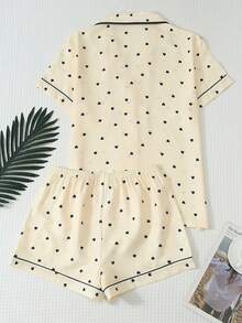 2pcs Women's Comfortable Heart Print Short Sleeve Collared Top And Bow Shorts Pajama Set - Apricot - View 2