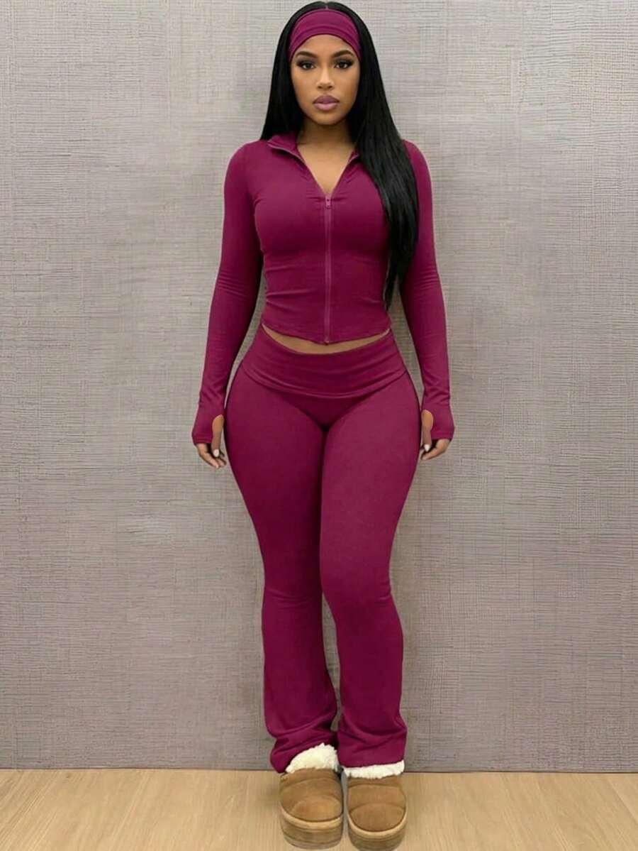 LovelyWholesale Women'S Casual Stand-Up Collar Zip-Up Solid Color Top And Flared Pants Two Pieces Set Fall Outfits For Women - Burgundy - View 1