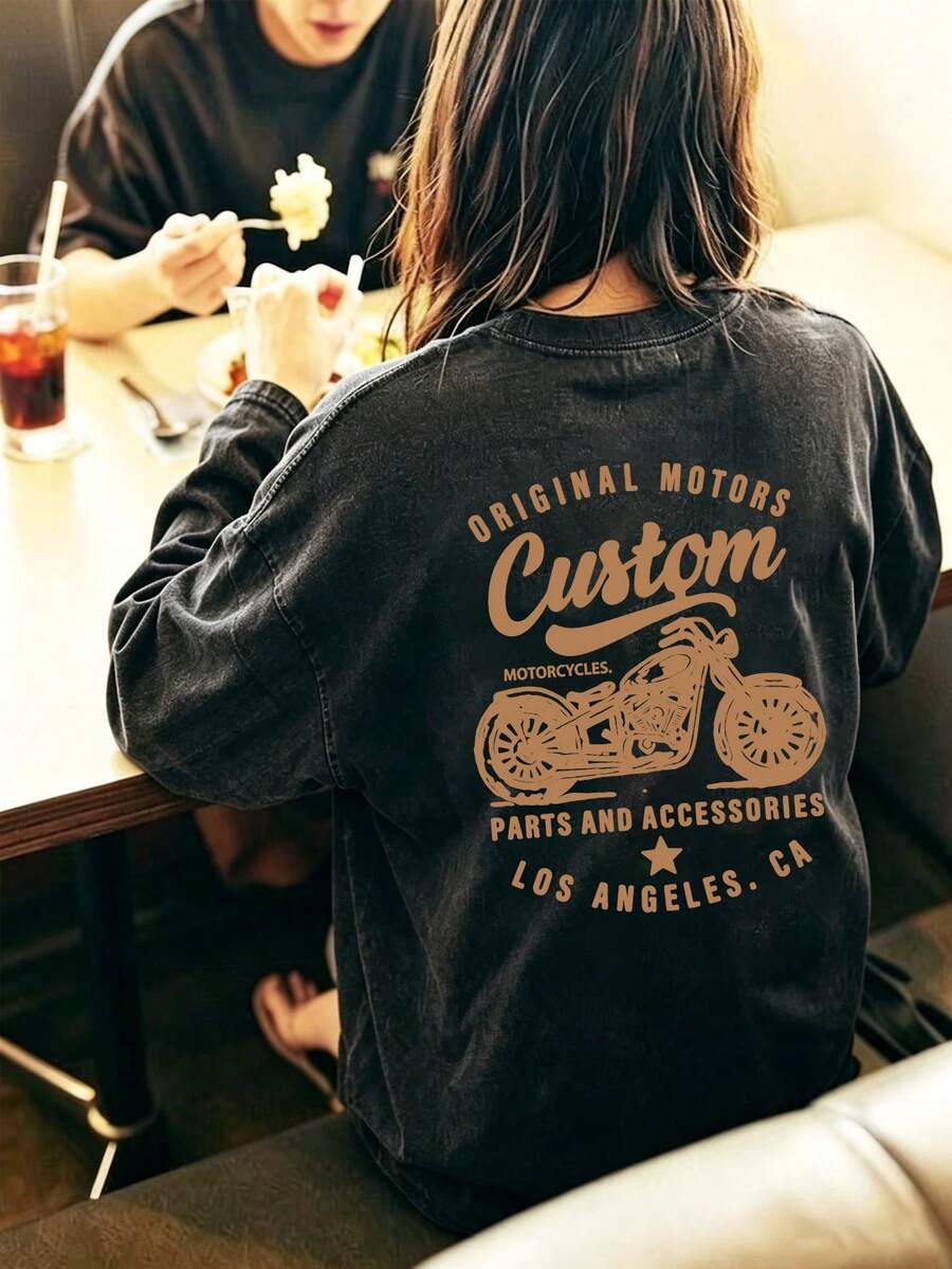 Women's Customized Motorcycle Print Washed Black Long Sleeve Pure Cotton T-Shirt, Vintage Grunge Style Crew Neck Top - Black - View 1