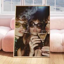 1pc Vintage Urban Girl Cheering Modern Home Office Decor Painting, Perfect For Living Room, Bedroom, Kitchen And Other Spaces, Optional Frame, Framed Wall Decor - Multicolor - View 1