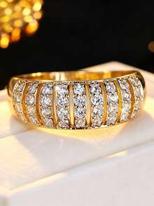 1pc Exquisite Wide Multi-Layer Pave Cubic Zirconia Ring, Luxury Heavy-Duty Finger Ring, Versatile Sparkling Hand Accessory For Banquet - Ring - View 9